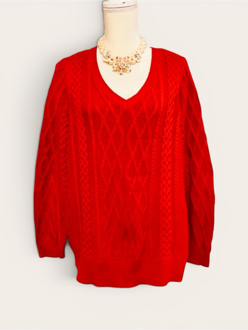 Preswick & Moore Red Cable Knit Sweater 1X V Neck Cotton Blend Cozy